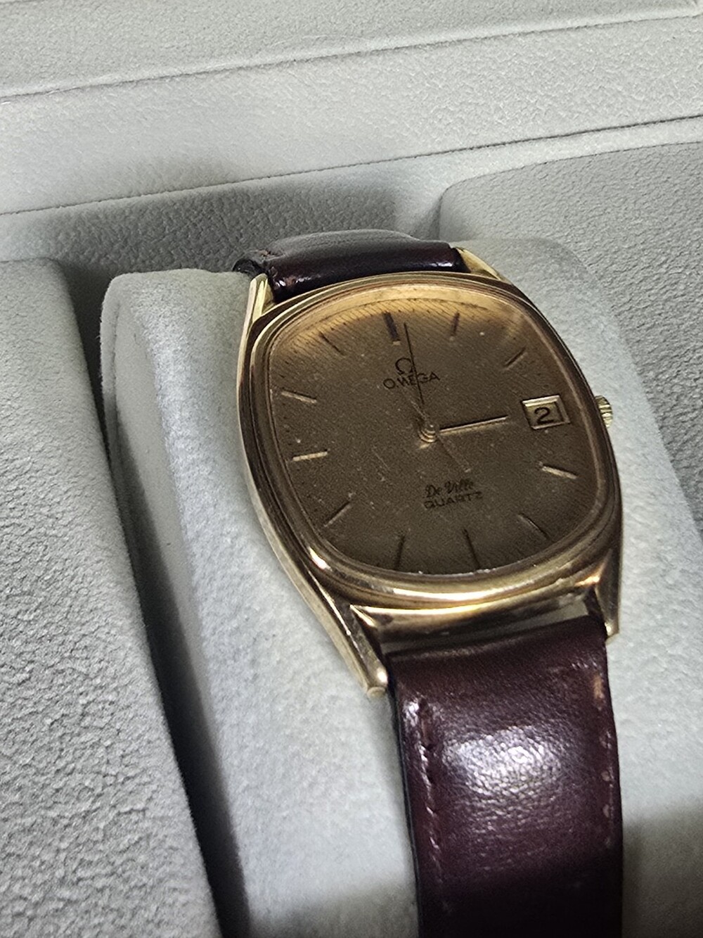 Omega De Ville Gold Tone Watch with Cream Dial and Brown Strap